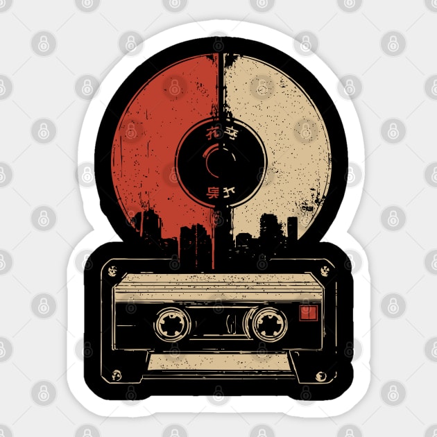 Retro Music City Skyline - Vintage Cassette & Vinyl Art Sticker by TuncGK